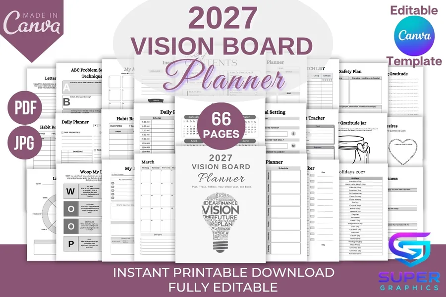 2027 Vision Board Planner Canva Template